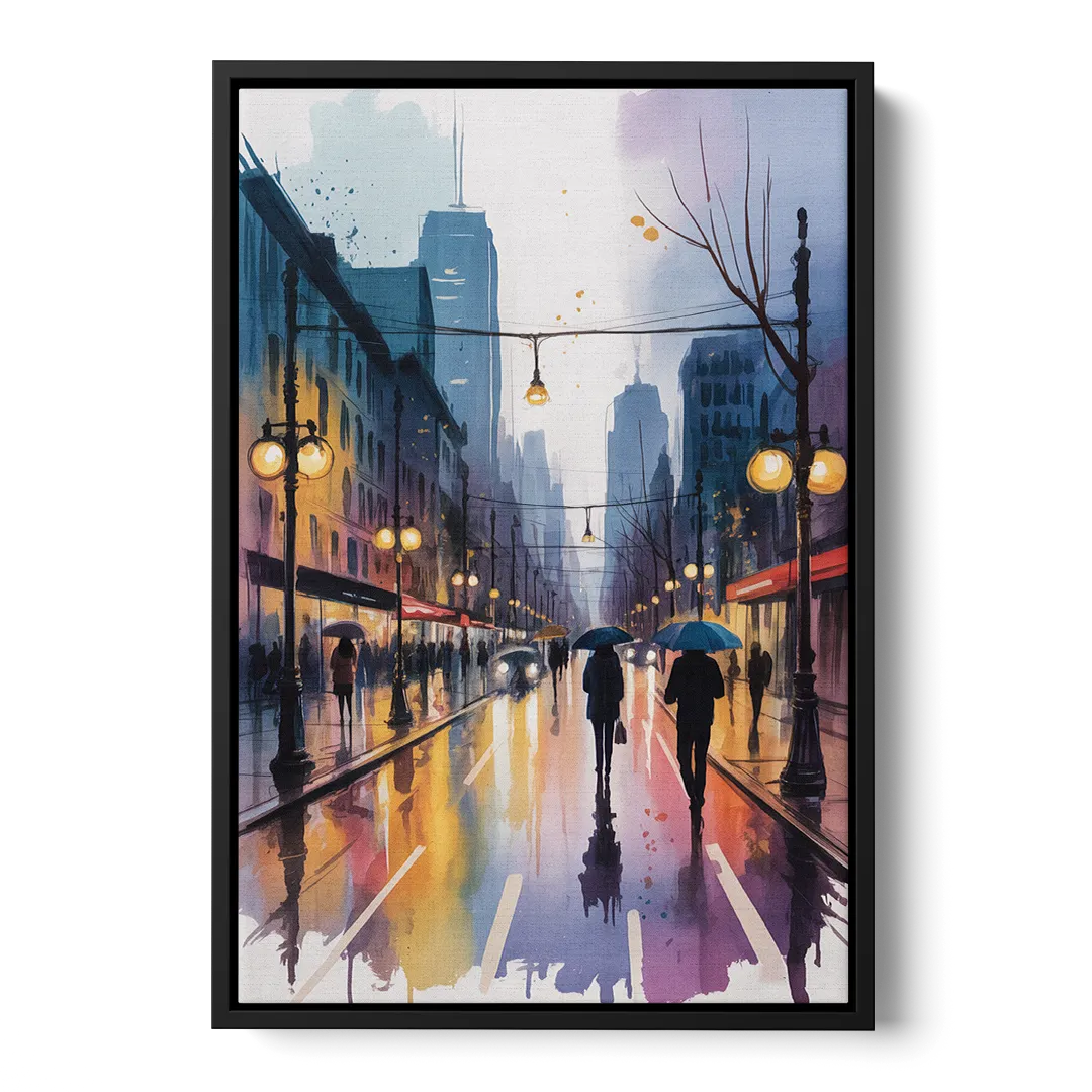 Montreal Evening Street Lights Front - Black Canvas Wall Art