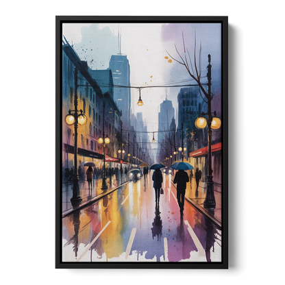 Montreal Evening Street Lights Front - Black Canvas Wall Art