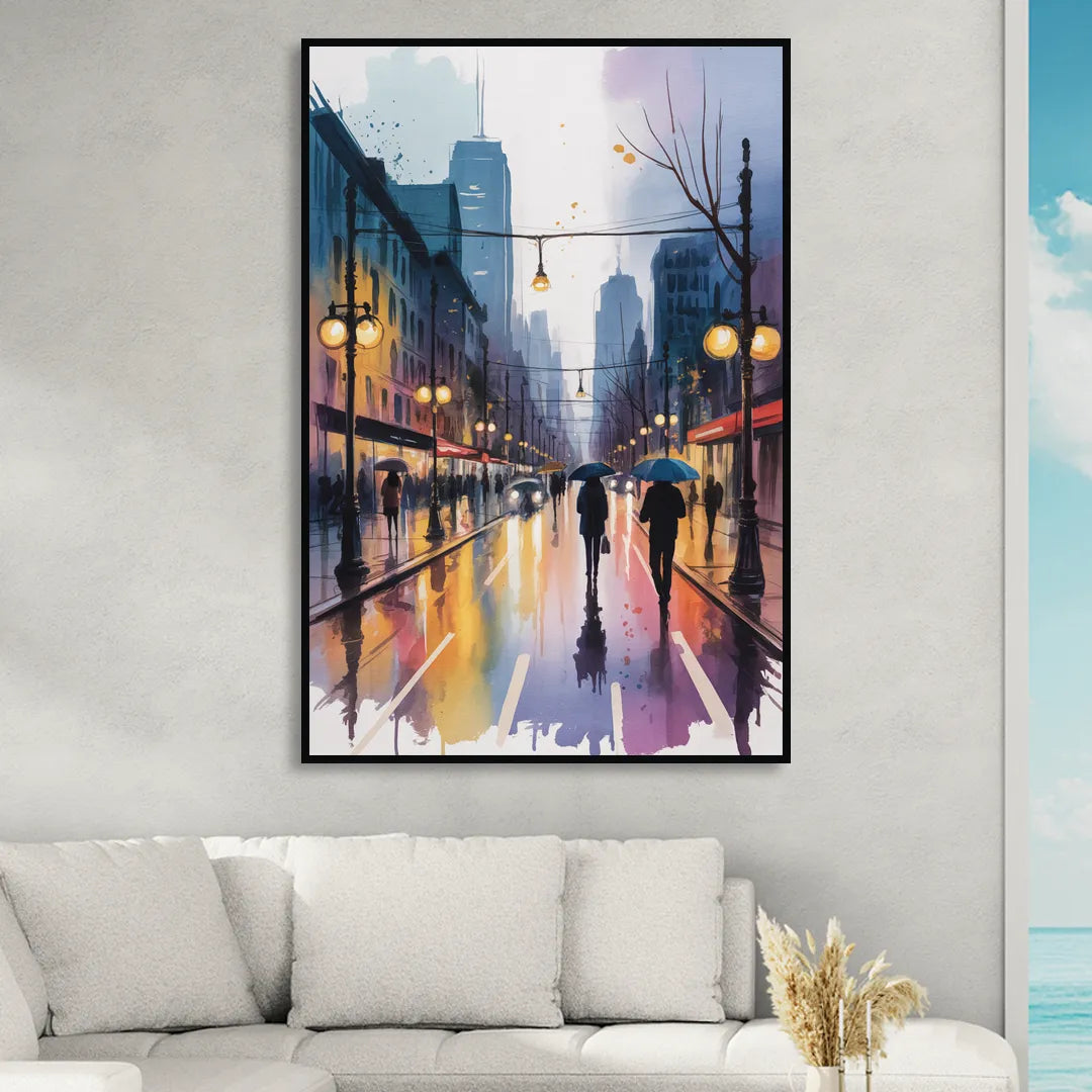 Montreal Evening Street Lights Sitting Room - Black Canvas Wall Art
