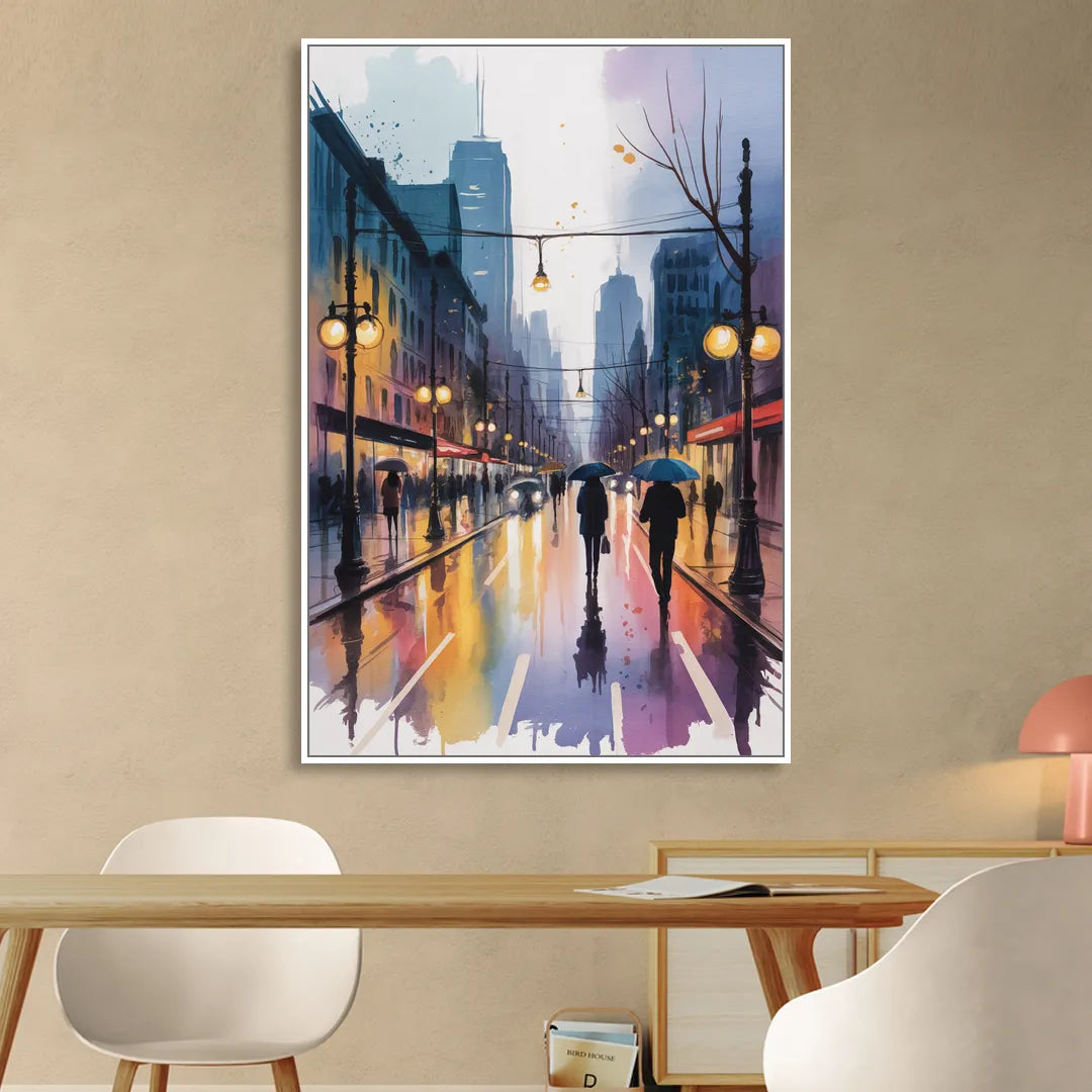 Montreal Evening Street Lights Sitting Room - White Canvas Wall Art