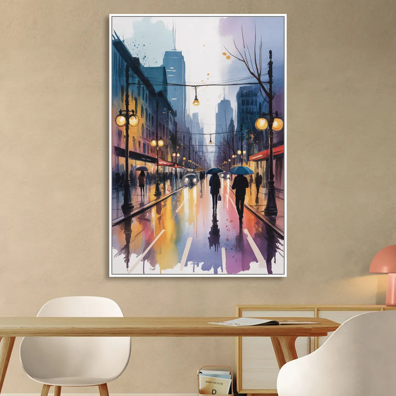 Montreal Evening Street Lights Sitting Room - White Canvas Wall Art