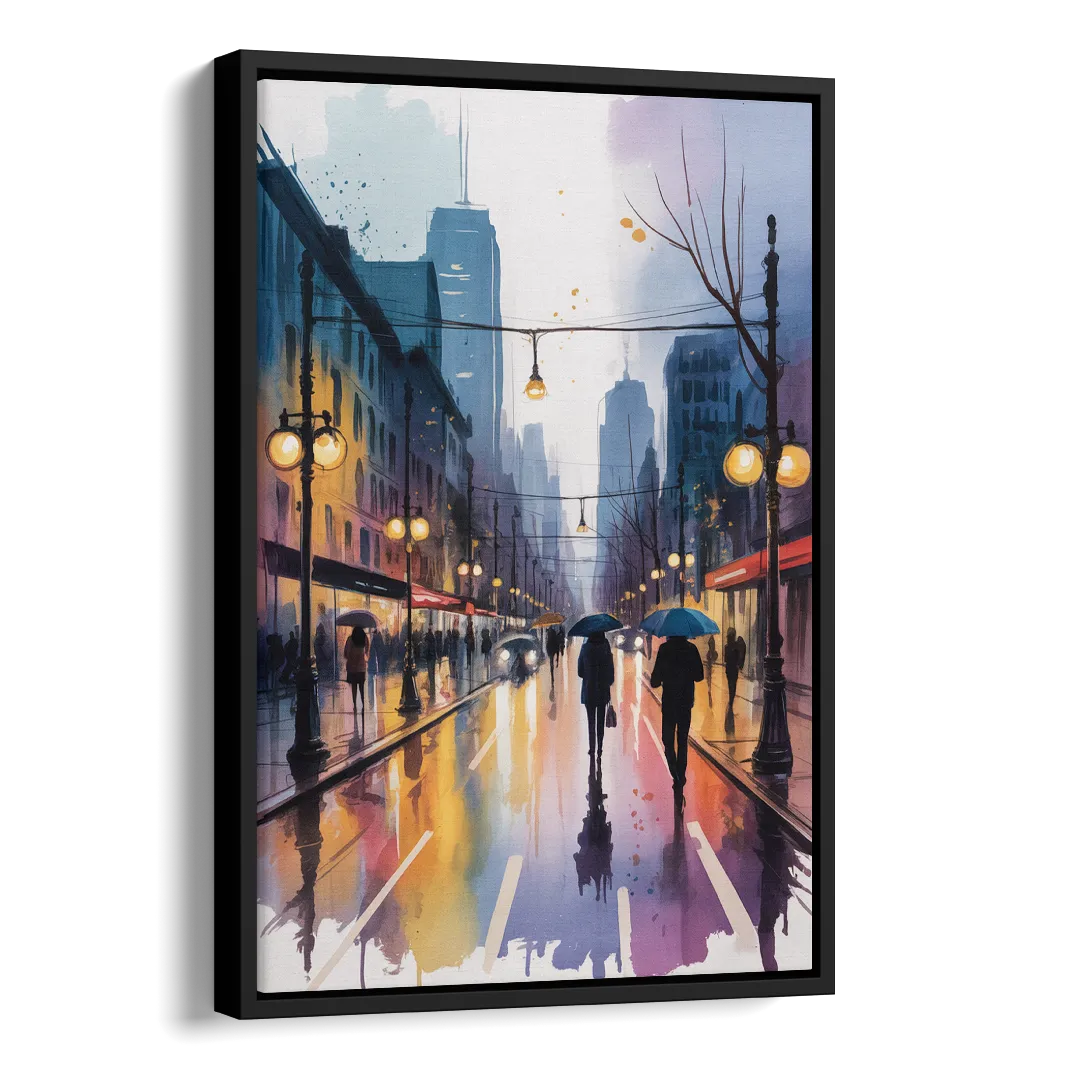 Montreal Evening Street Lights Side - Black Canvas Wall Art