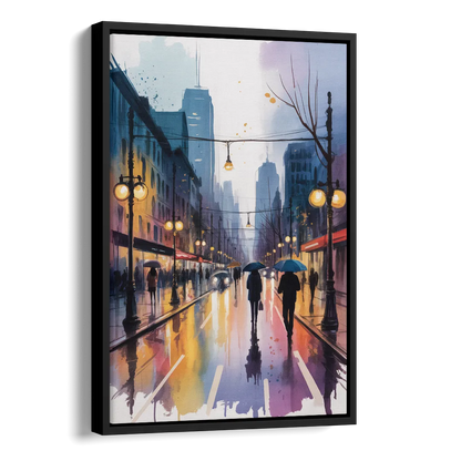 Montreal Evening Street Lights Side - Black Canvas Wall Art