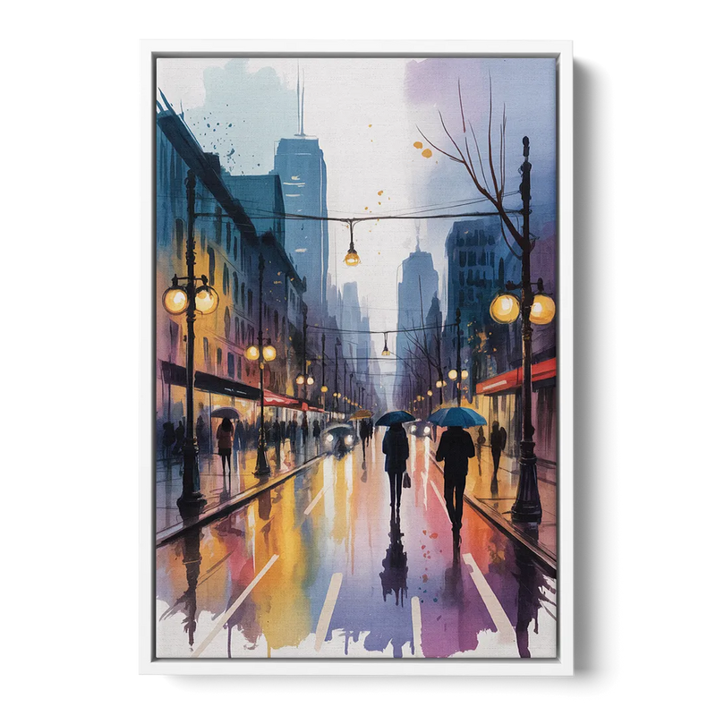 Montreal Evening Street Lights Front - White Canvas Wall Art