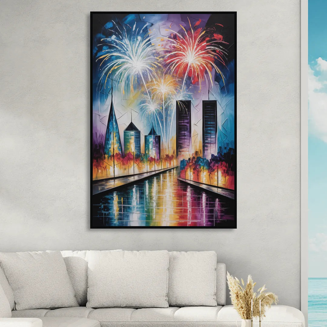 Montreal Fireworks Festival Living Room - Black Canvas Wall Art