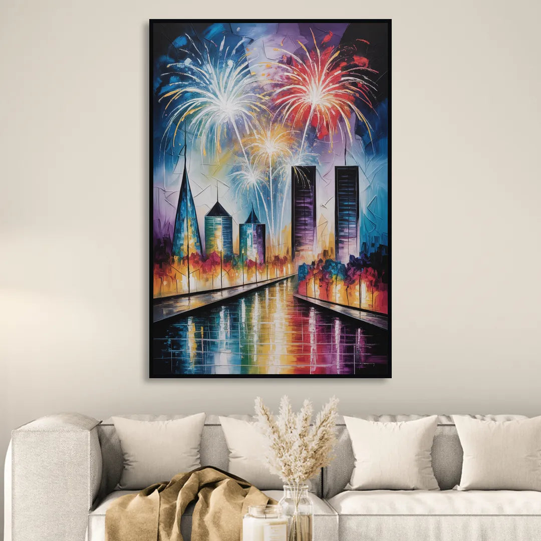 Montreal Fireworks Festival Sitting Room - Black Canvas Wall Art