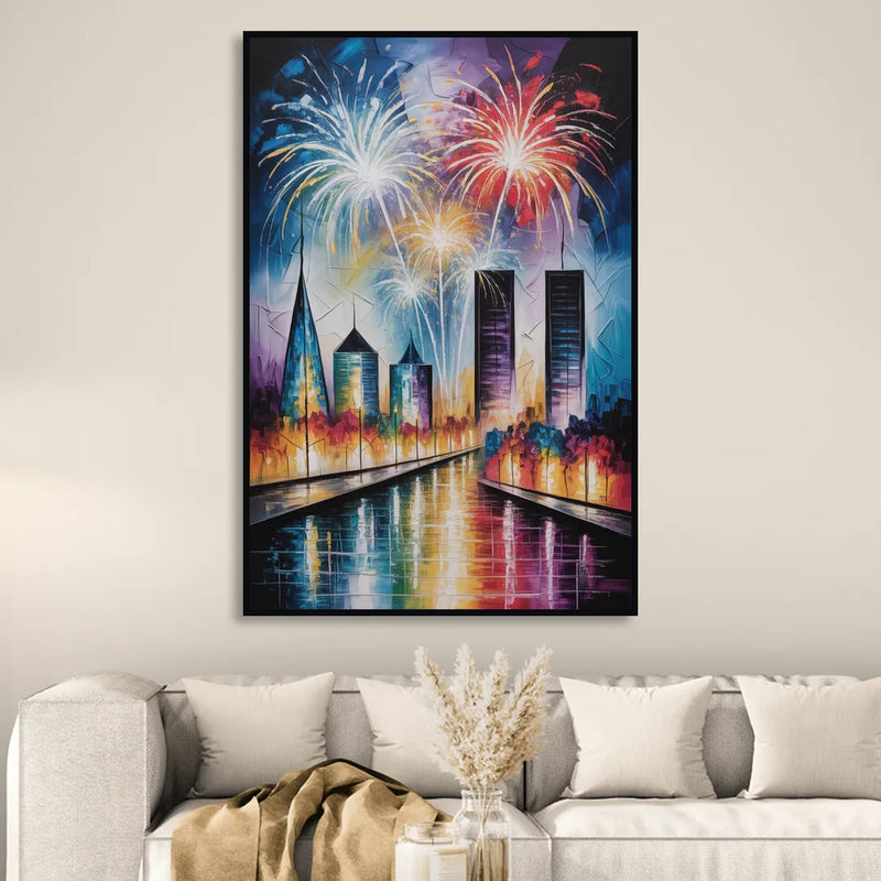 Montreal Fireworks Festival Sitting Room - Black Canvas Wall Art