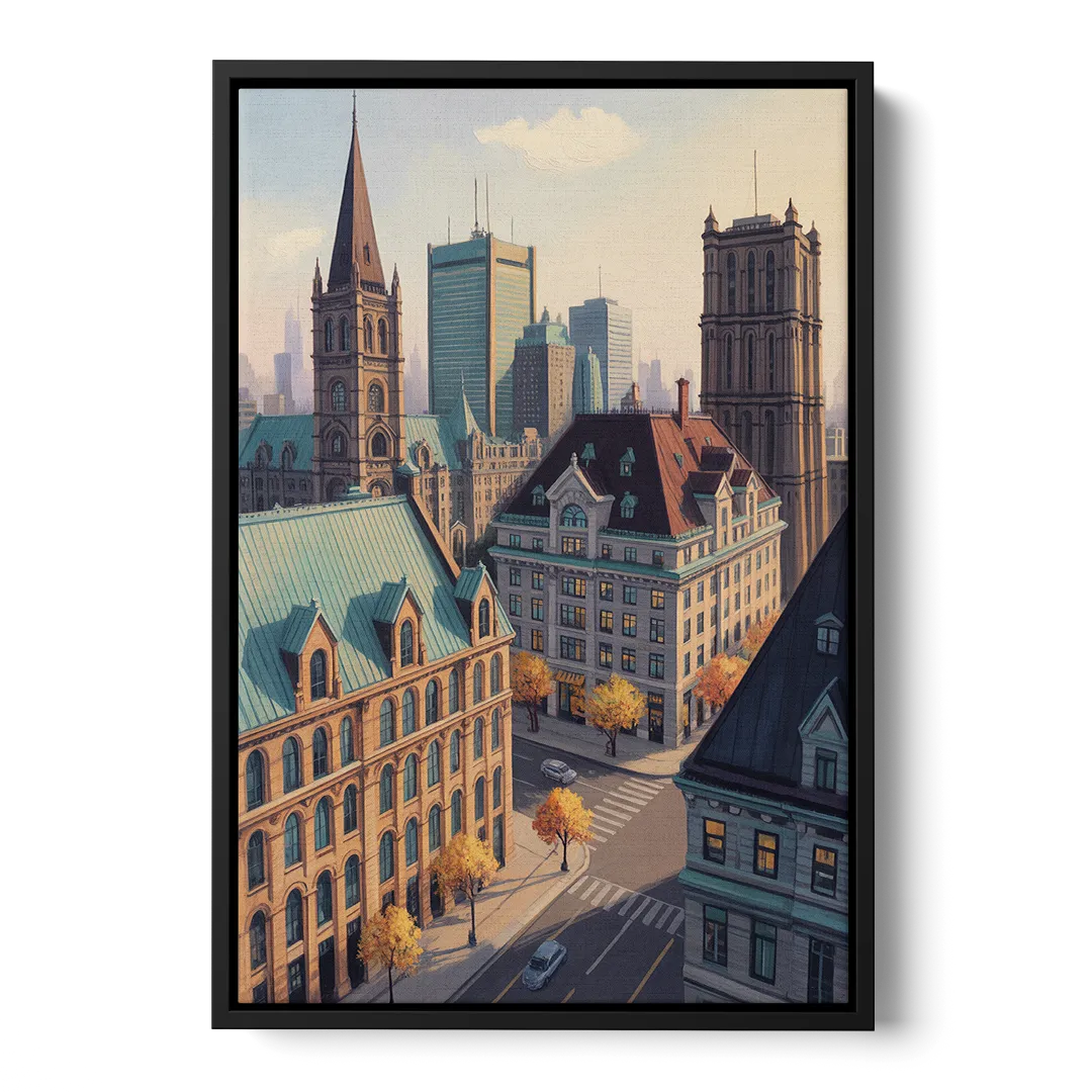 Montreal Historic Buildings Front - Black Canvas Wall Art