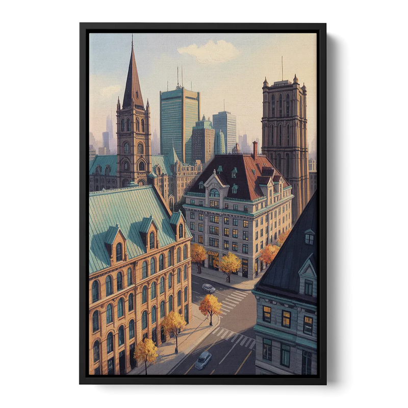 Montreal Historic Buildings Front - Black Canvas Wall Art
