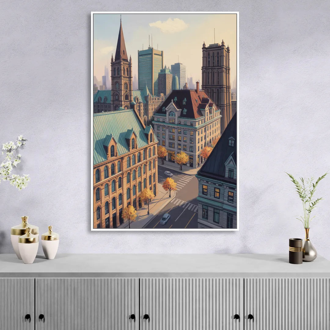 Montreal Historic Buildings Living Room - White Canvas Wall Art