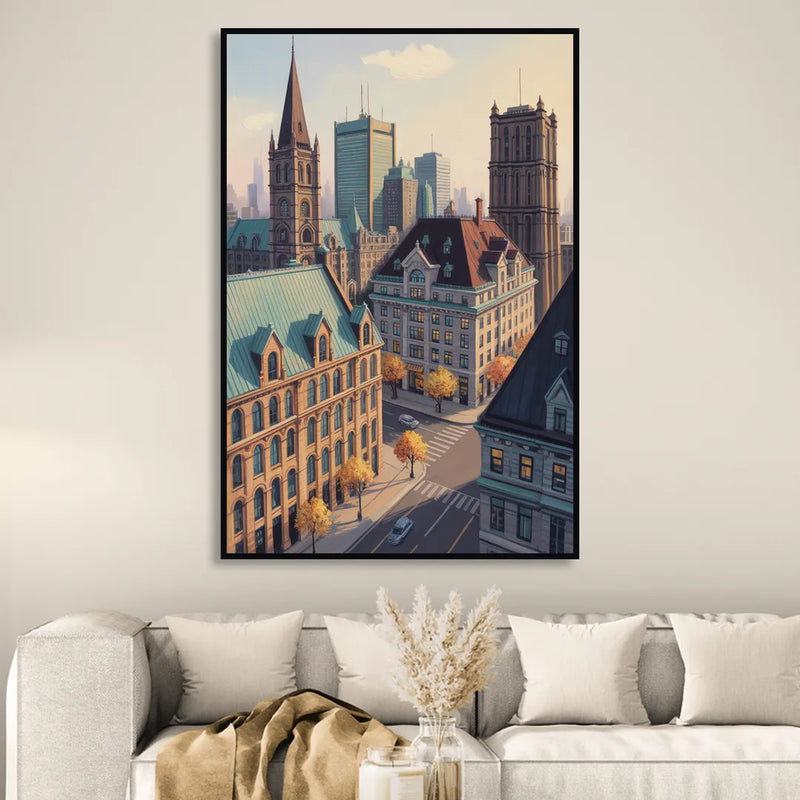 Montreal Historic Buildings Living Room - Black Canvas Wall Art