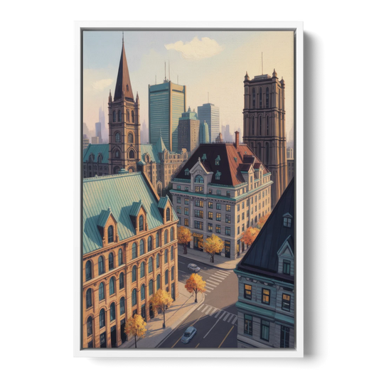 Montreal Historic Buildings - White Framed Canvas Wall Art - Front