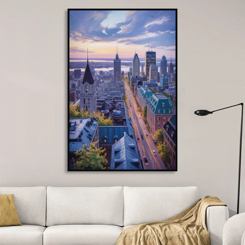 Montreal Rooftop View Living Room - Black Canvas Wall Art