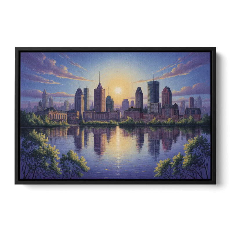 Montreal Skyline Reflections Front - Black Canvas Wall Art