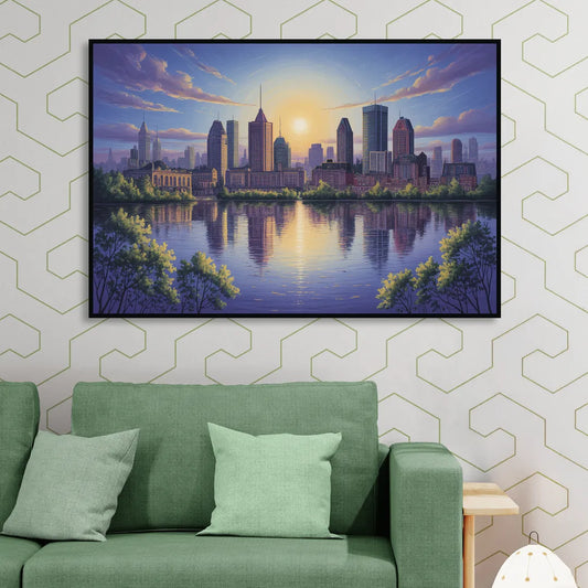 Montreal Skyline Reflections Living Room - Black Canvas Wall Art
