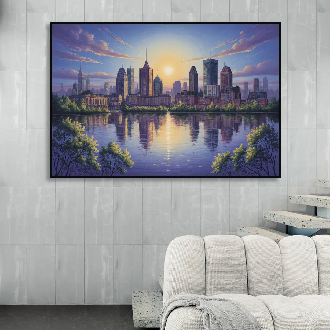 Montreal Skyline Reflections Sitting Room - Black Canvas Wall Art