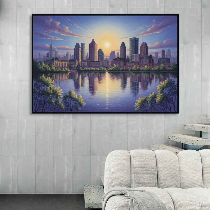 Montreal Skyline Reflections Sitting Room - Black Canvas Wall Art