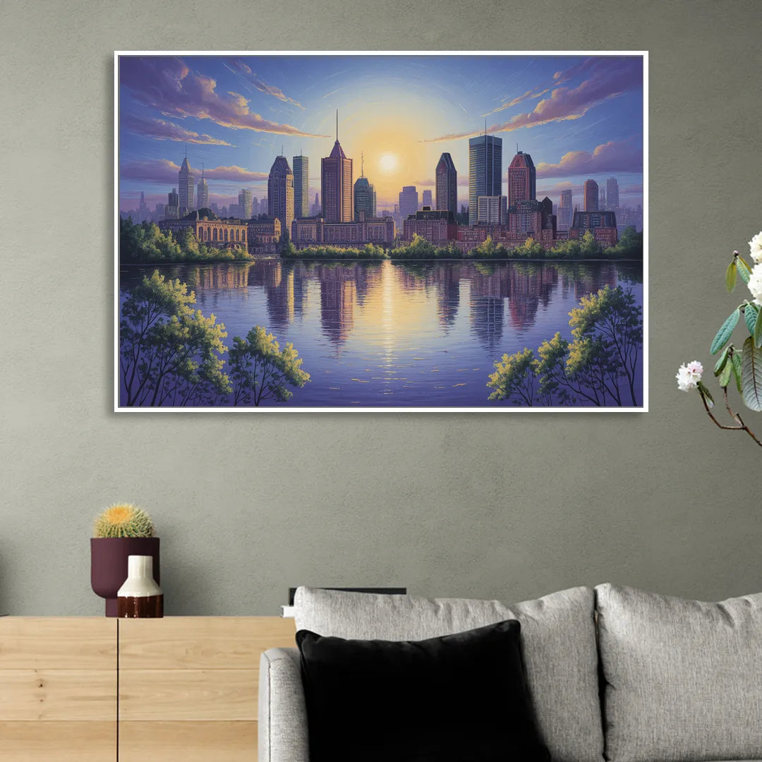 Montreal Skyline Reflections Living Room - White Canvas Wall Art