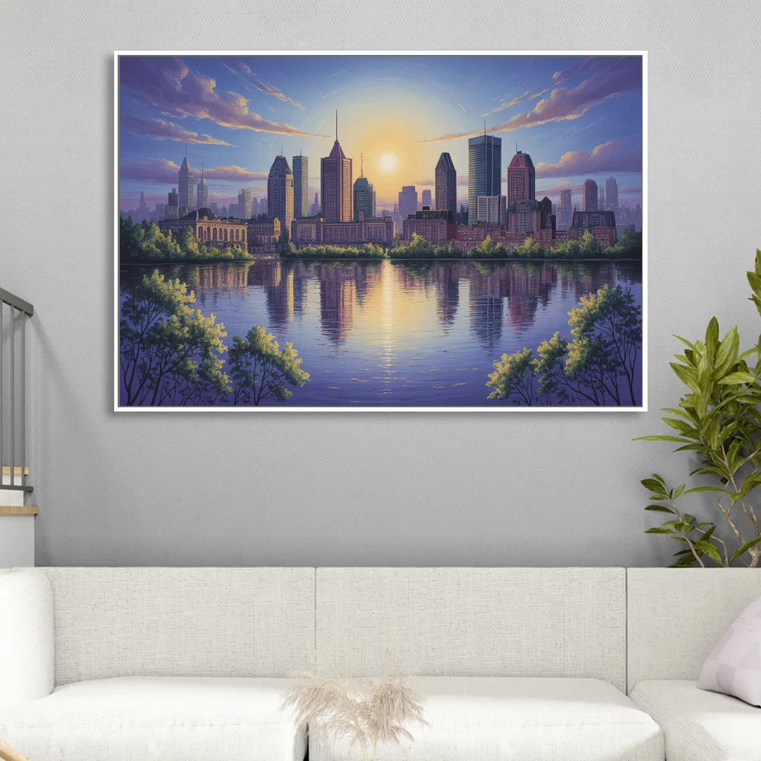 Montreal Skyline Reflections Sitting Room - White Canvas Wall Art