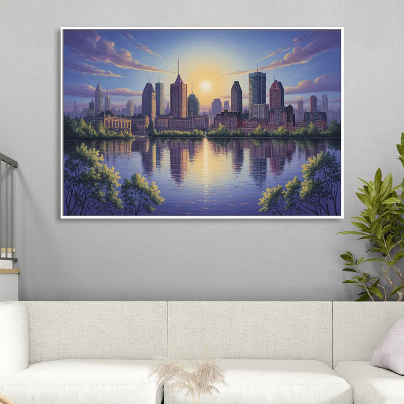 Montreal Skyline Reflections Sitting Room - White Canvas Wall Art