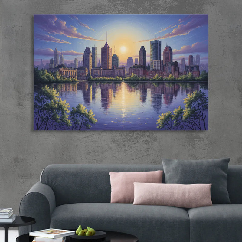 Montreal Skyline Reflections Living Room - Canvas Wall Art