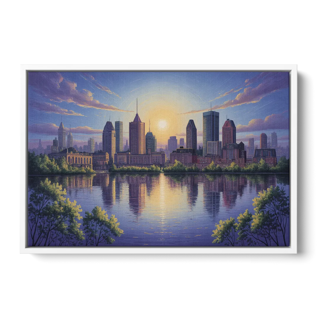 Montreal Skyline Reflections Front - White Canvas Wall Art