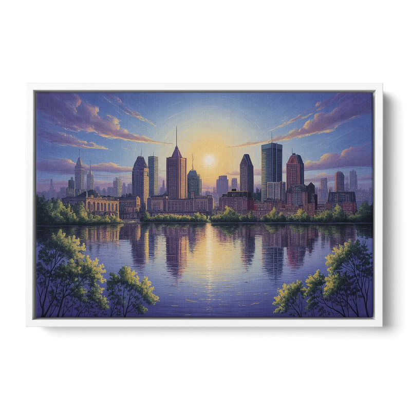 Montreal Skyline Reflections Front - White Canvas Wall Art