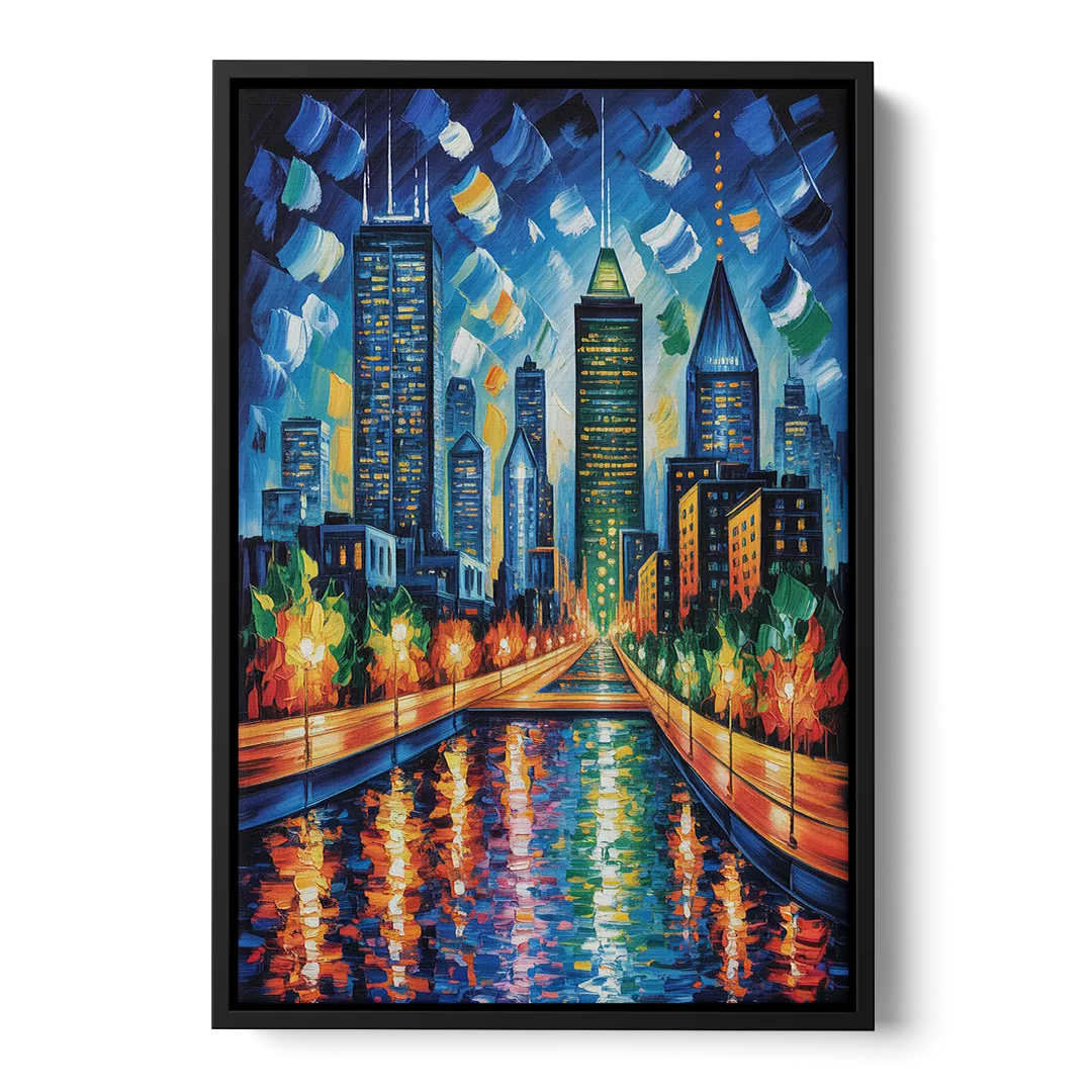 Montreal Skyline at Night Front - Black Canvas Wall Art