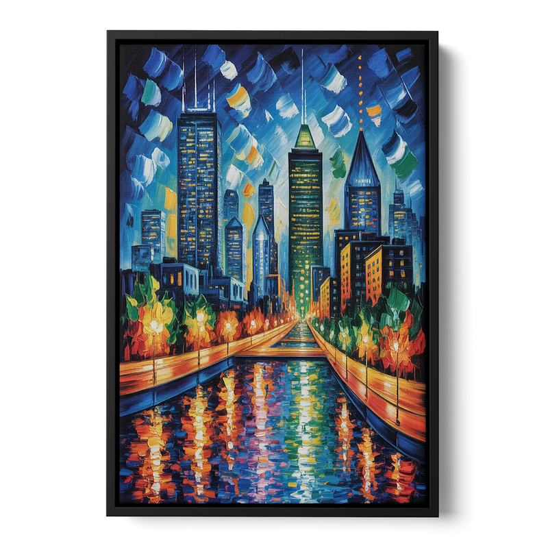 Montreal Skyline at Night Front - Black Canvas Wall Art