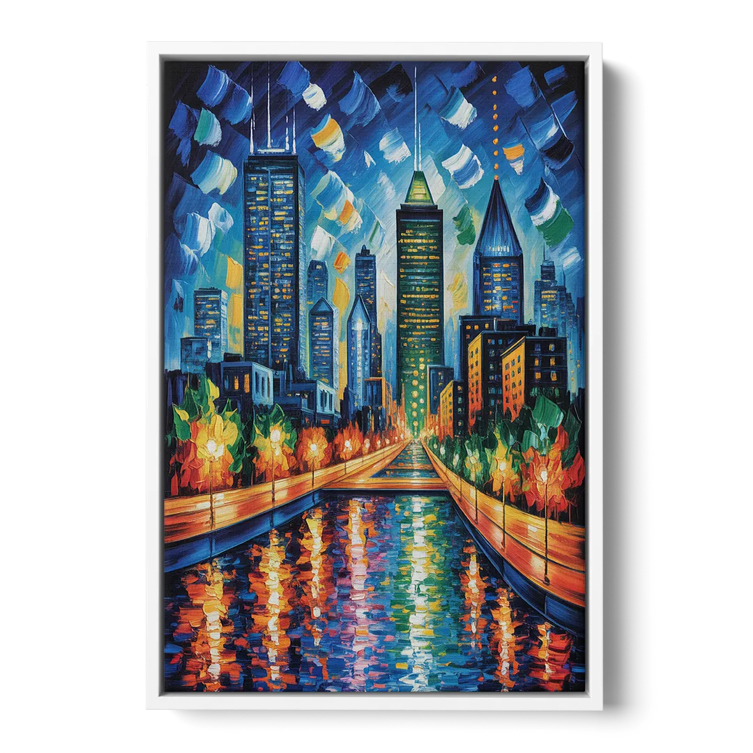 Montreal Skyline at Night Front - White Canvas Wall Art