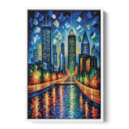 Montreal Skyline at Night Front - White Canvas Wall Art
