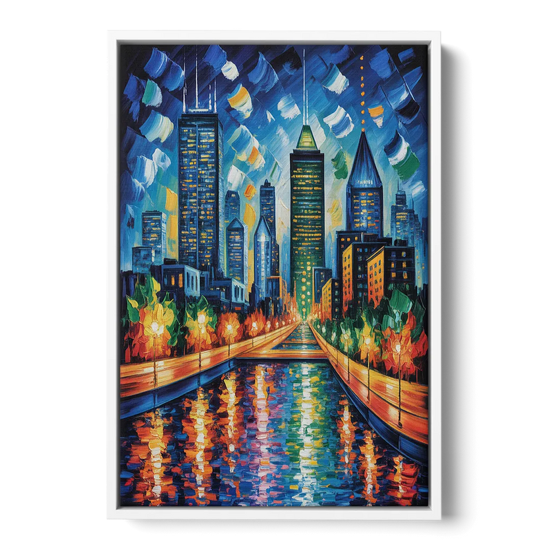 Montreal Skyline at Night Front - White Canvas Wall Art