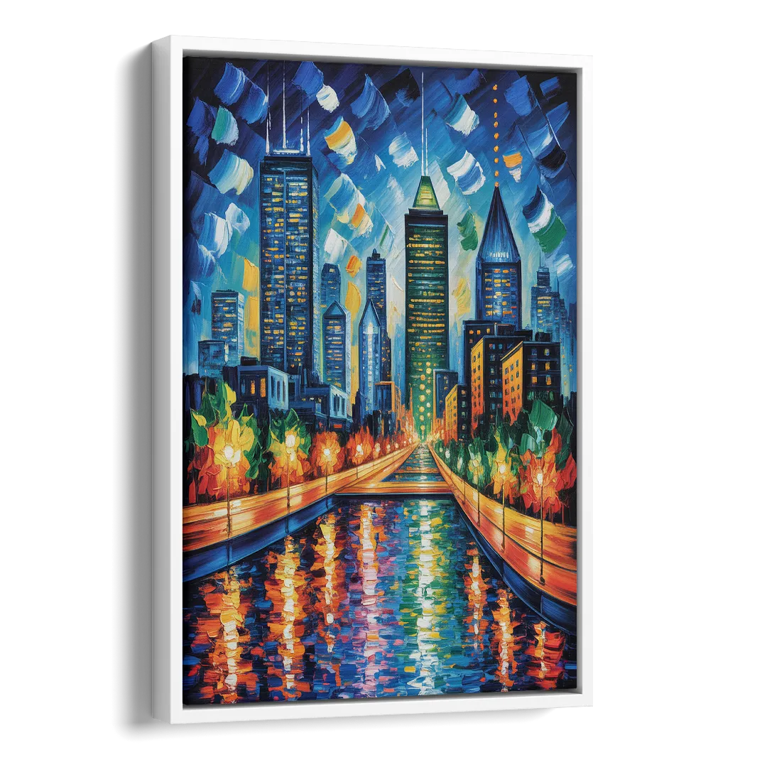 Montreal Skyline at Night Side - White Canvas Wall Art