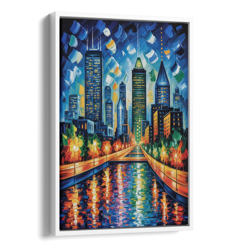 Montreal Skyline at Night Side - White Canvas Wall Art