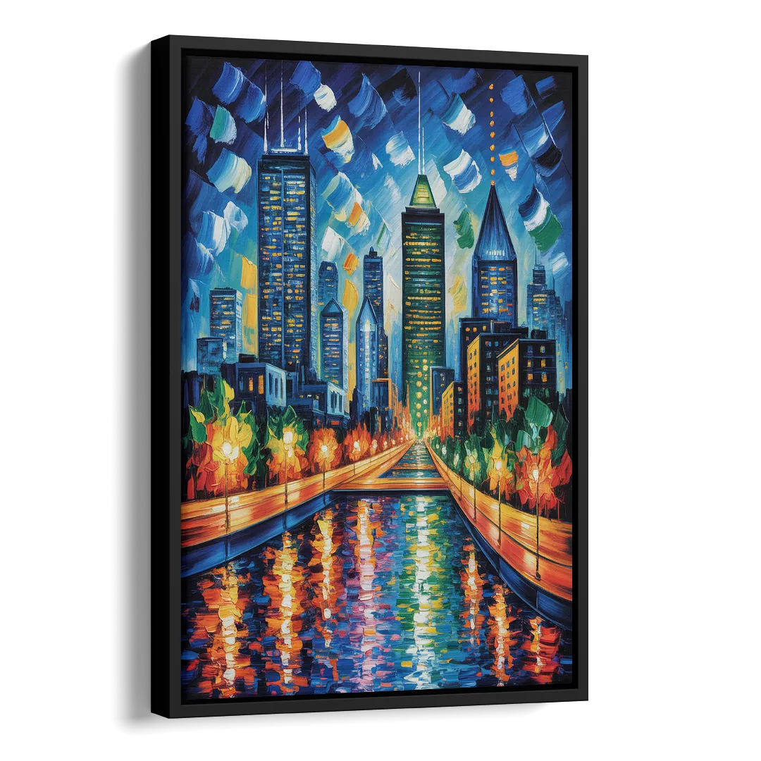 Montreal Skyline at Night Side - Black Canvas Wall Art