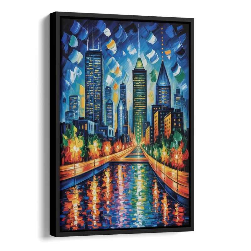 Montreal Skyline at Night Side - Black Canvas Wall Art