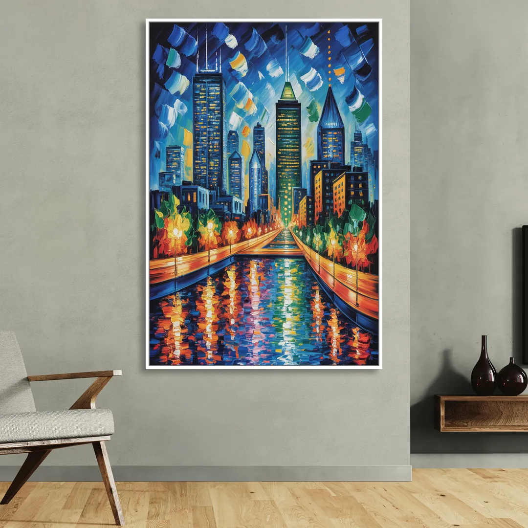 Montreal Skyline at Night Sitting Room - White Canvas Wall Art