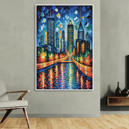 Montreal Skyline at Night Sitting Room - White Canvas Wall Art