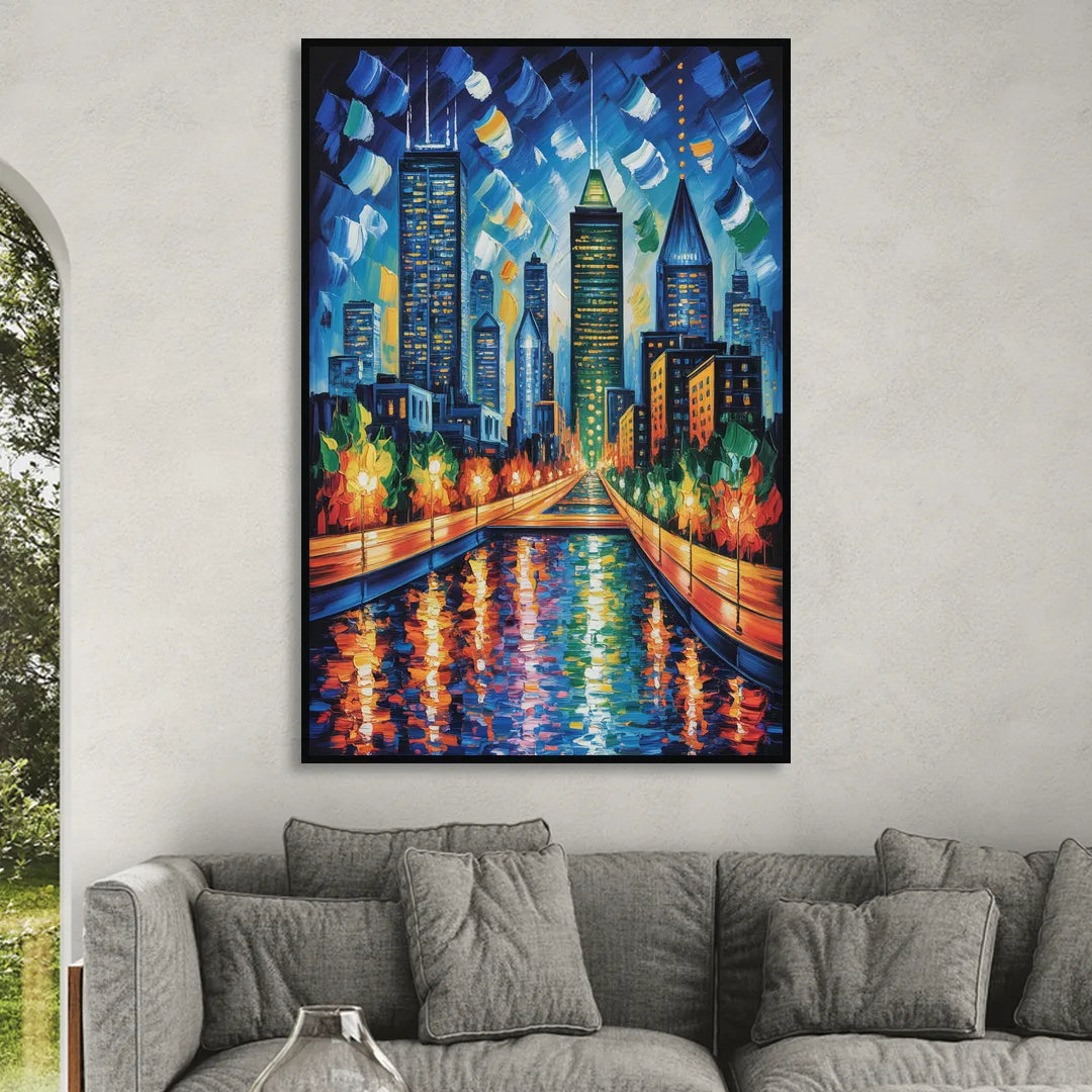 Montreal Skyline at Night Living Room - Black Canvas Wall Art