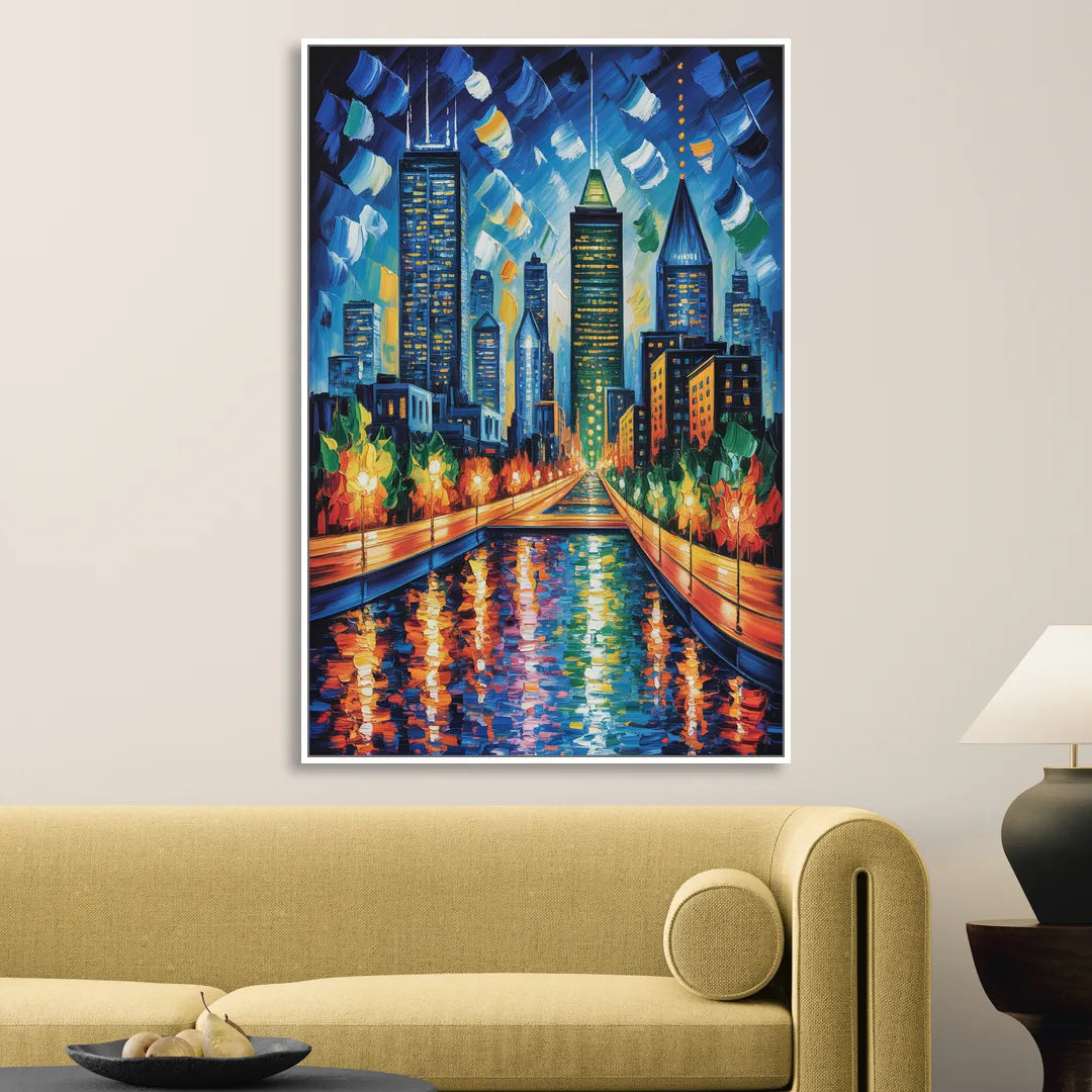 Montreal Skyline at Night Living Room - White Canvas Wall Art