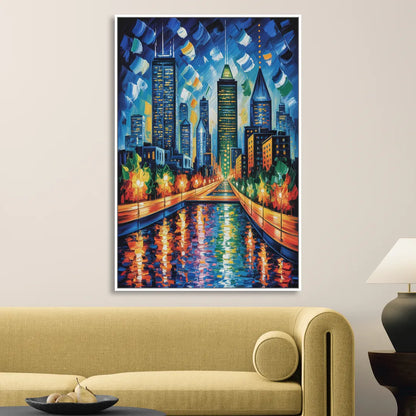 Montreal Skyline at Night Living Room - White Canvas Wall Art