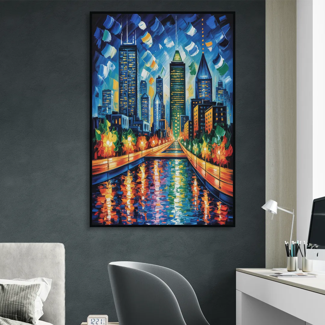Montreal Skyline at Night Sitting Room - Black Canvas Wall Art