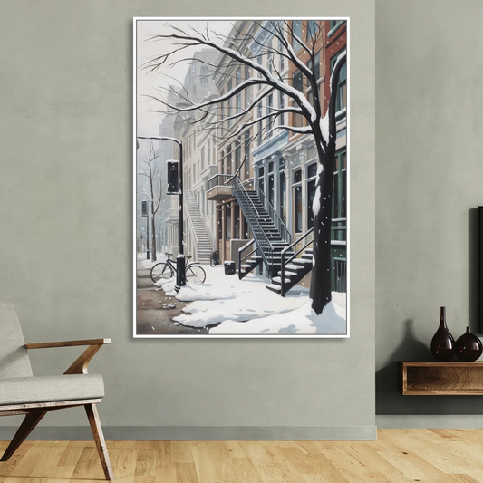 Montreal Snowy Streets Living Room - White Canvas Wall Art
