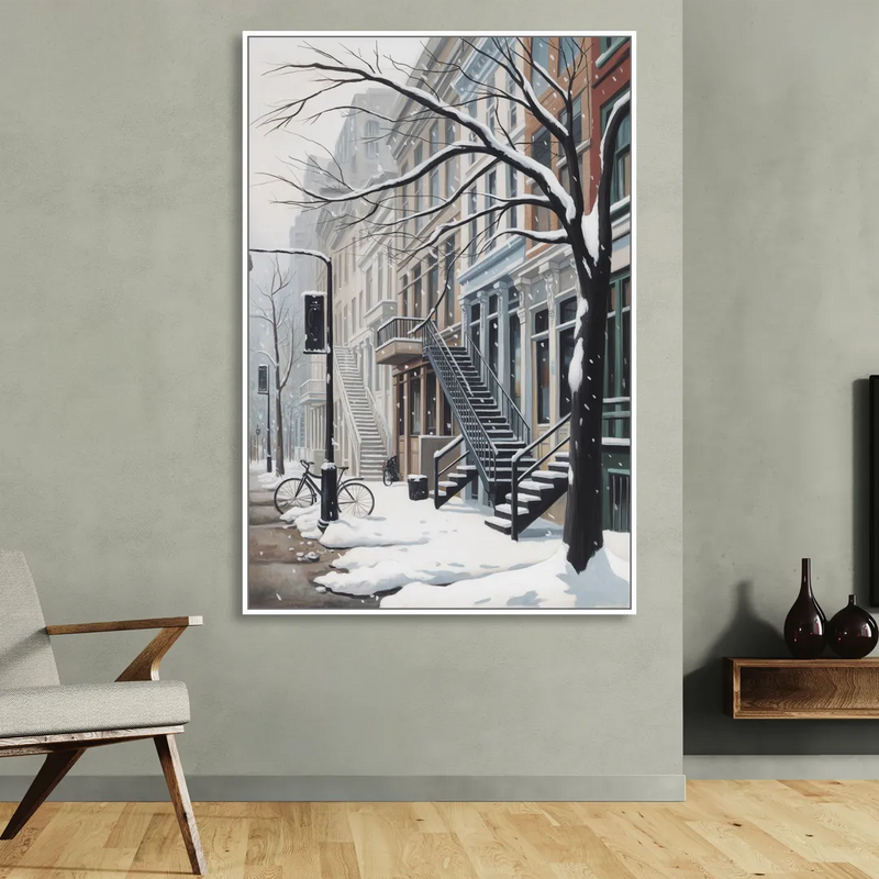 Montreal Snowy Streets Living Room - White Canvas Wall Art