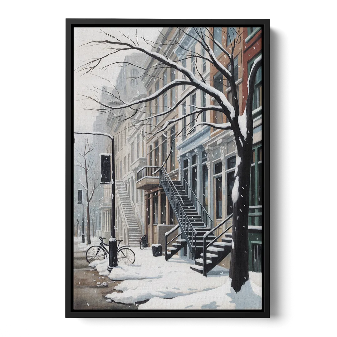 Montreal Snowy Streets Front - Black Canvas Wall Art