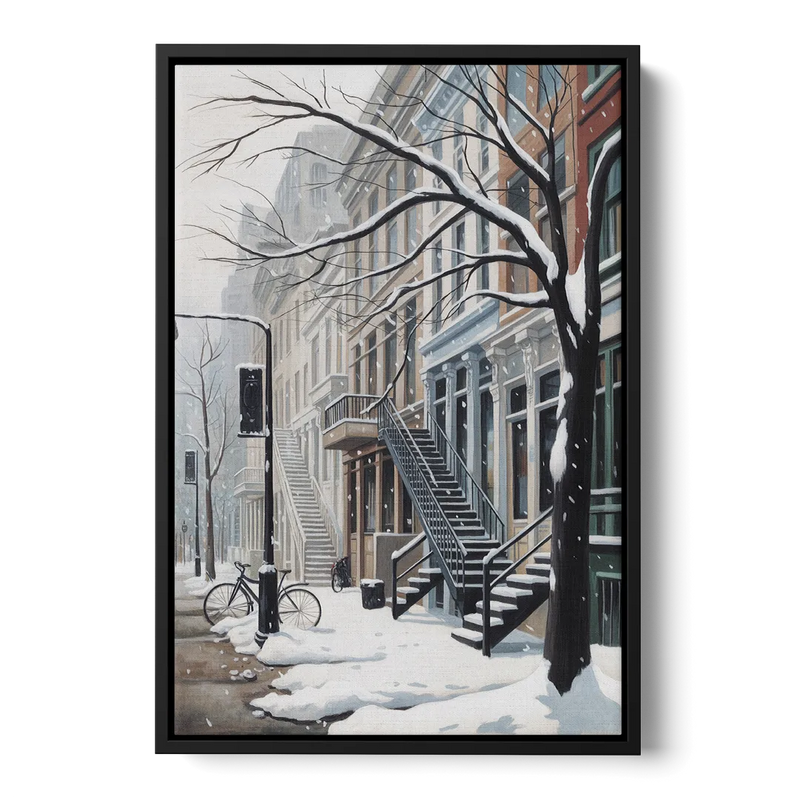 Montreal Snowy Streets Front - Black Canvas Wall Art