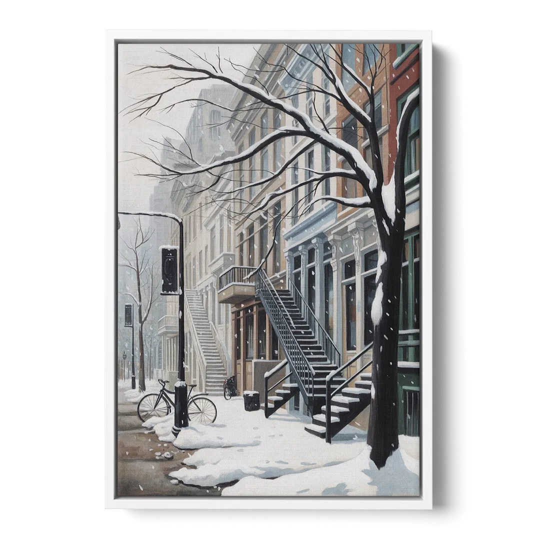 Montreal Snowy Streets Front - White Canvas Wall Art