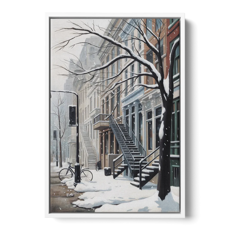 Montreal Snowy Streets Front - White Canvas Wall Art