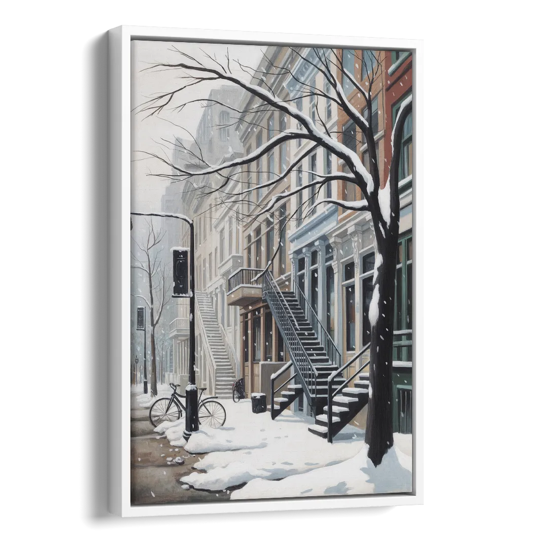 Montreal Snowy Streets Side - White Canvas Wall Art