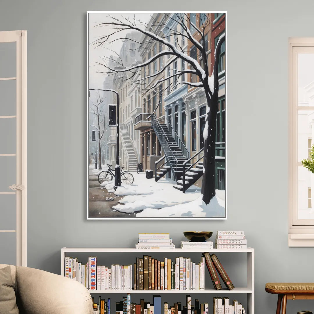 Montreal Snowy Streets Sitting Room - White Canvas Wall Art